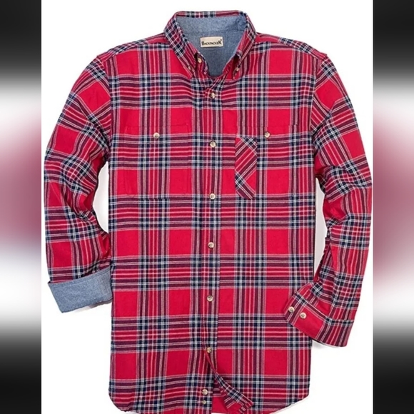 Backpacker Red Stuart Tartan Plaid Flannel Shirt Contrast Chambray Outdoor - Picture 7 of 8